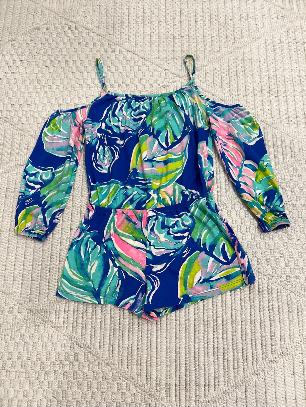 Lilly Pulitzer Girls Candice Blue Floral Off-Shoulder Multicolor Romper